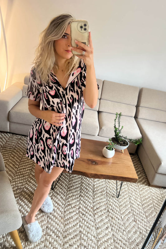 Pijama Camisero Cebra Negro Rosa