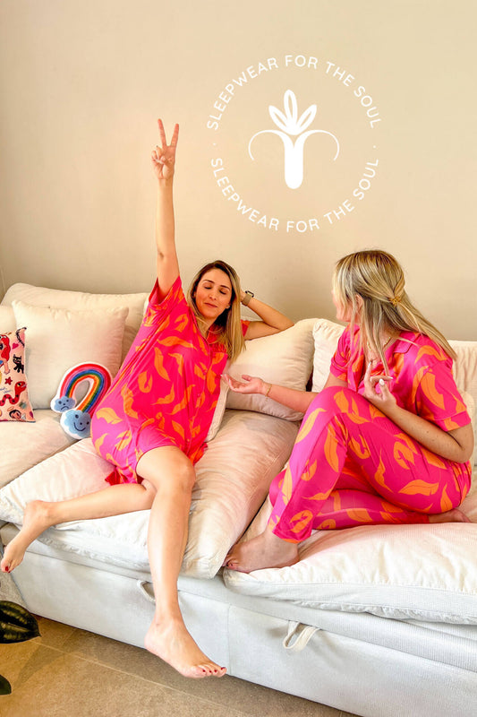 Pijama Camisero Fucsia Hojas Naranja