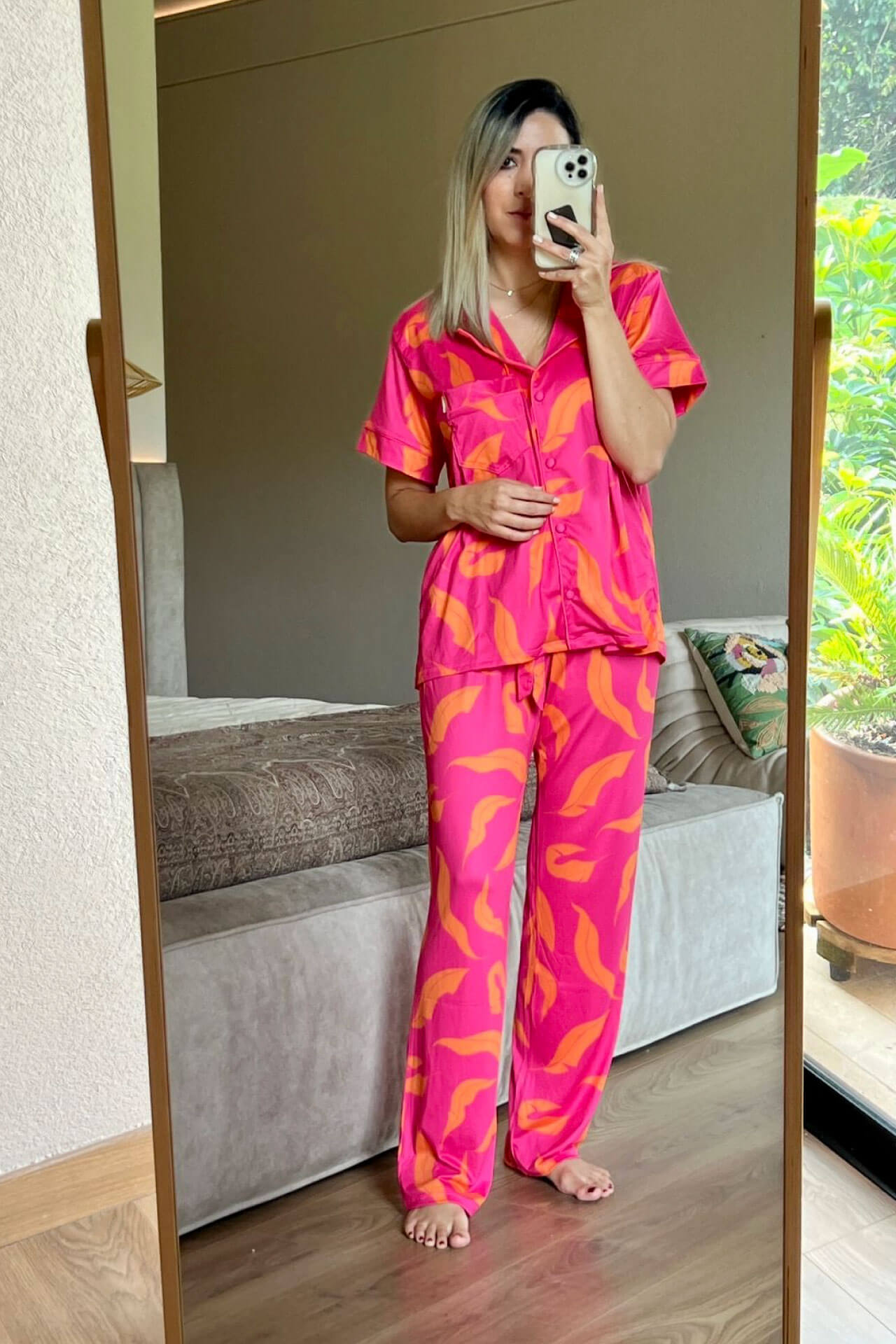 Pijama Pantalón Fucsia Hojas Naranja