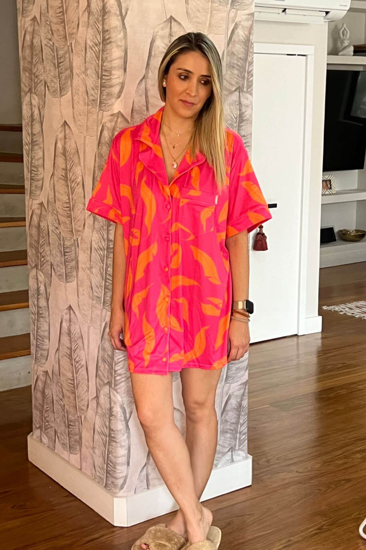Pijama Camisero Fucsia Hojas Naranja