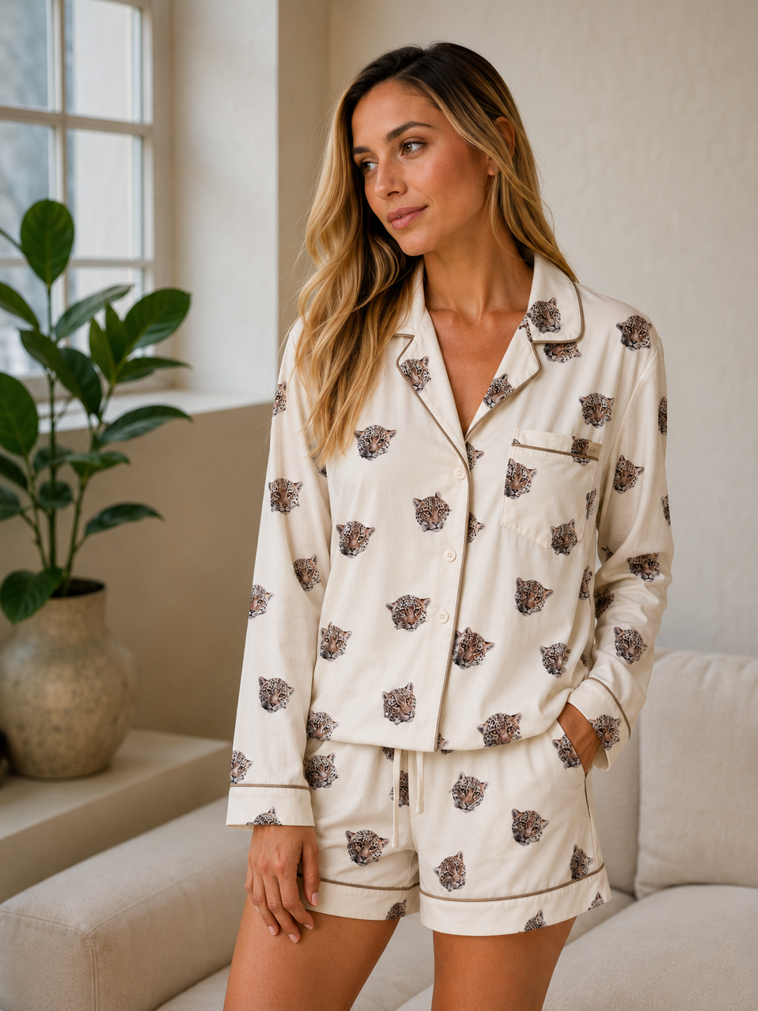 Pijama Short Camisa Manga Larga Cara de Leopardo