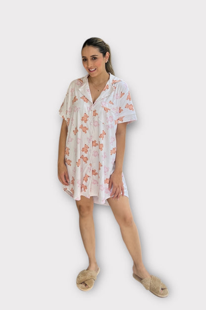 Pijama Camisero Osos Tonos Rosa y Tierra