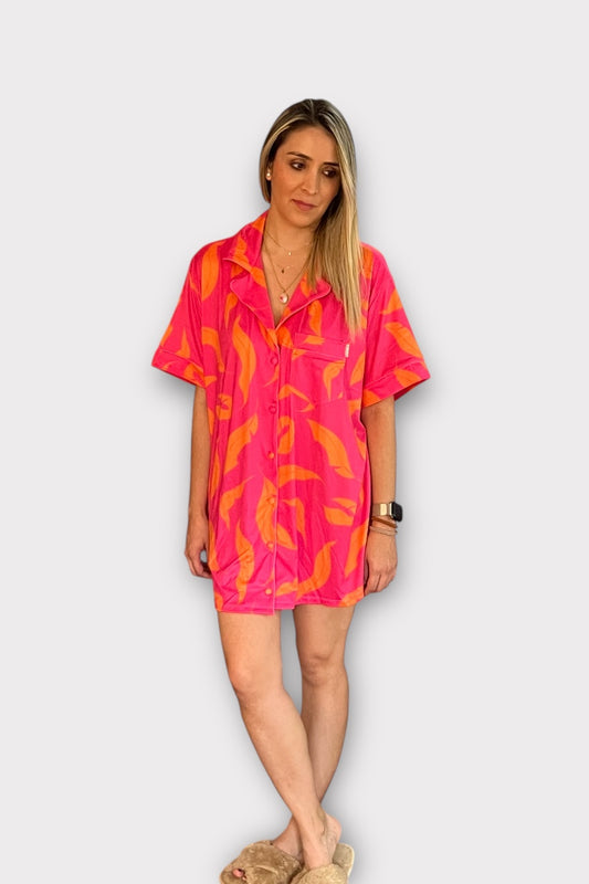 Pijama Camisero Fucsia Hojas Naranja