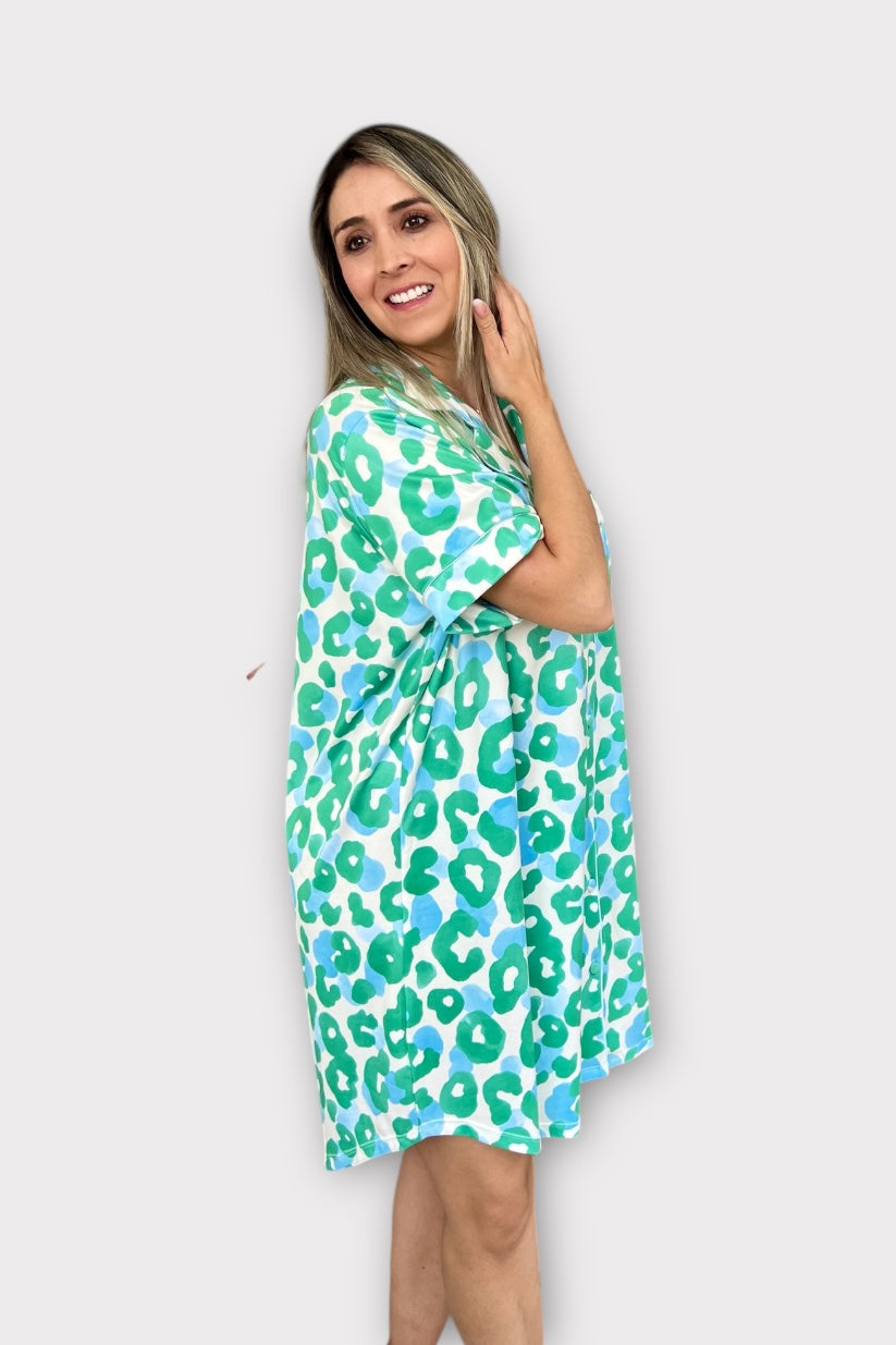 Pijama Camisero Animal Print Verde Azul