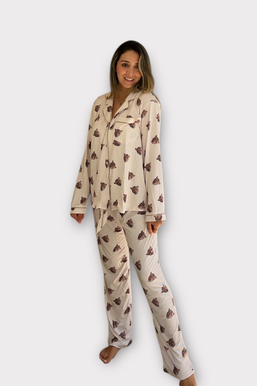 Pijama Pantalón Camisa Manga Larga Cara de Leopardo