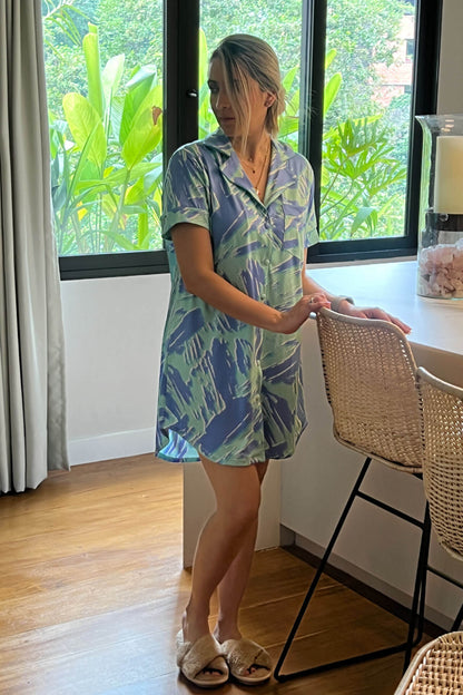 Pijama Camisero Brochazos Agua Marina - Mora Azul